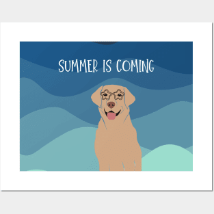 Summer Is Coming Labrador Retriever Dog with Glasses on Sea Wave Background Posters and Art